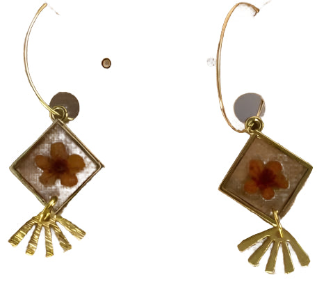 Resin Flower Earrings – Brass Mini Fan Pendant with 18K Gold Plated Hooks