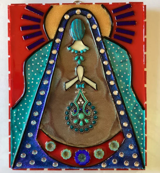 Resin Virgin Decorative Plaque on Wood with Jewels & Stones