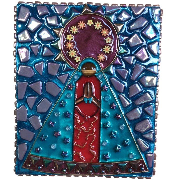 Resin and Mosaic Virgin Artwork on Adorned Wood Panel 9x7&1/2”