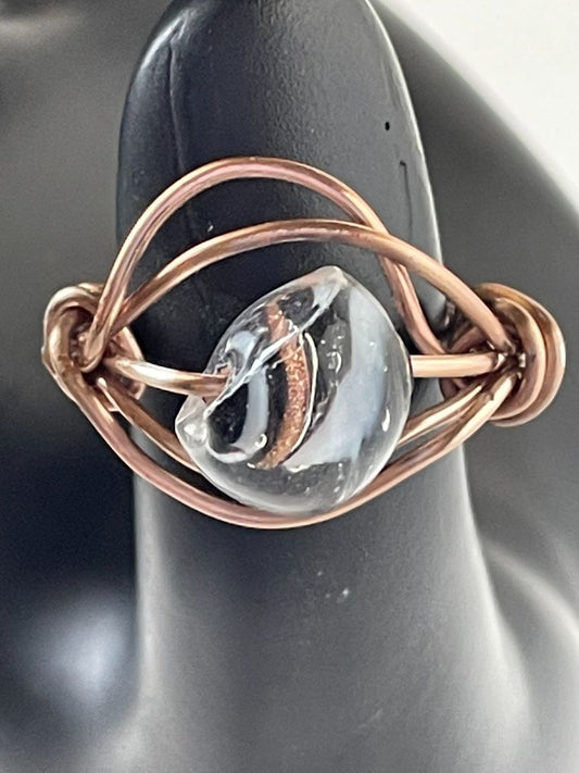 Ring Copper Wire Clear Glass Bead Stone Copper White Black Swirls Size 7