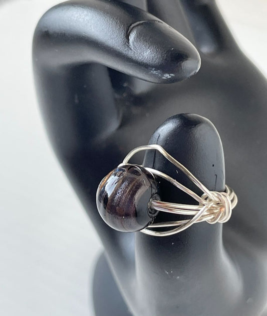 Ring Wire Brown Gold Glass Bead Size 7 Silver Brown Gold Copper