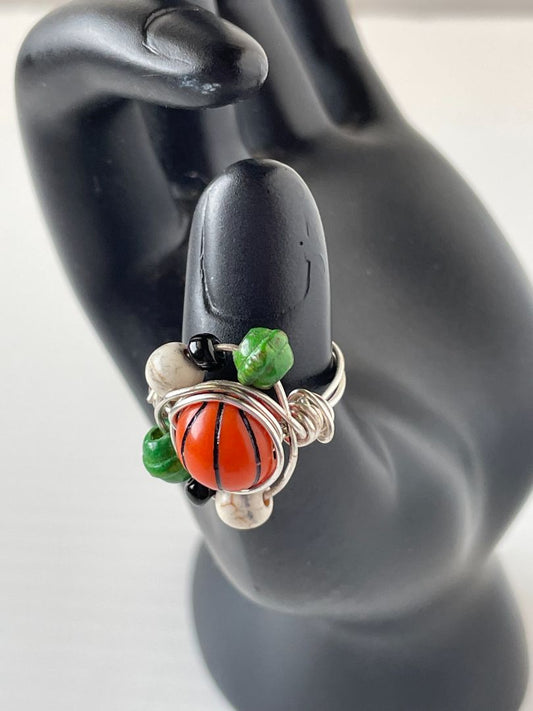 Ring Wire Resin Basketball Black Glass Seed Beads Green White Wood Beads Size 7