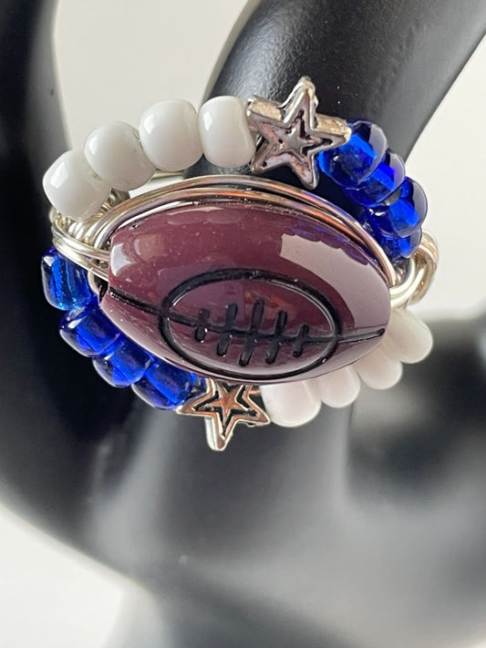 Ring Wire Resin Brown Football Blue White Seed Beads Silver Alloy Star Bead  Size 8