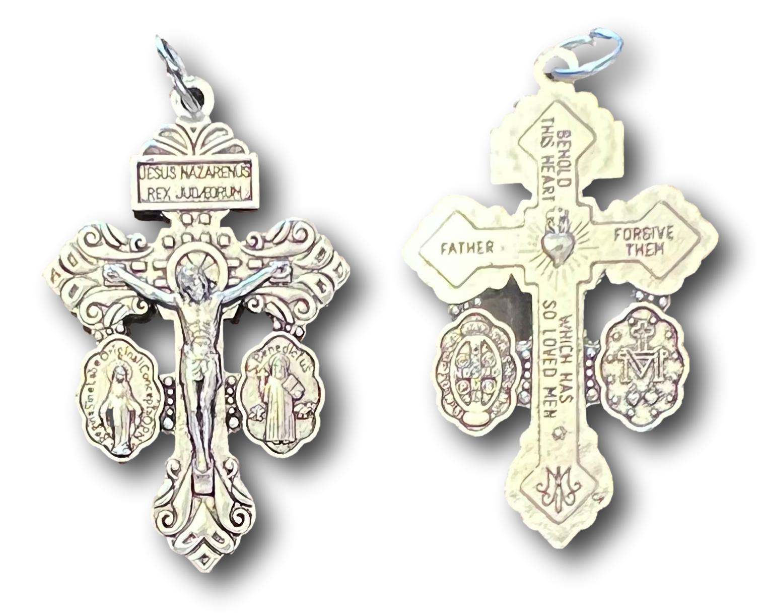 Rosary Parts Pendant – Pardon of Indulgence Crucifix with Saint Benedict and Miraculous Medal Design
