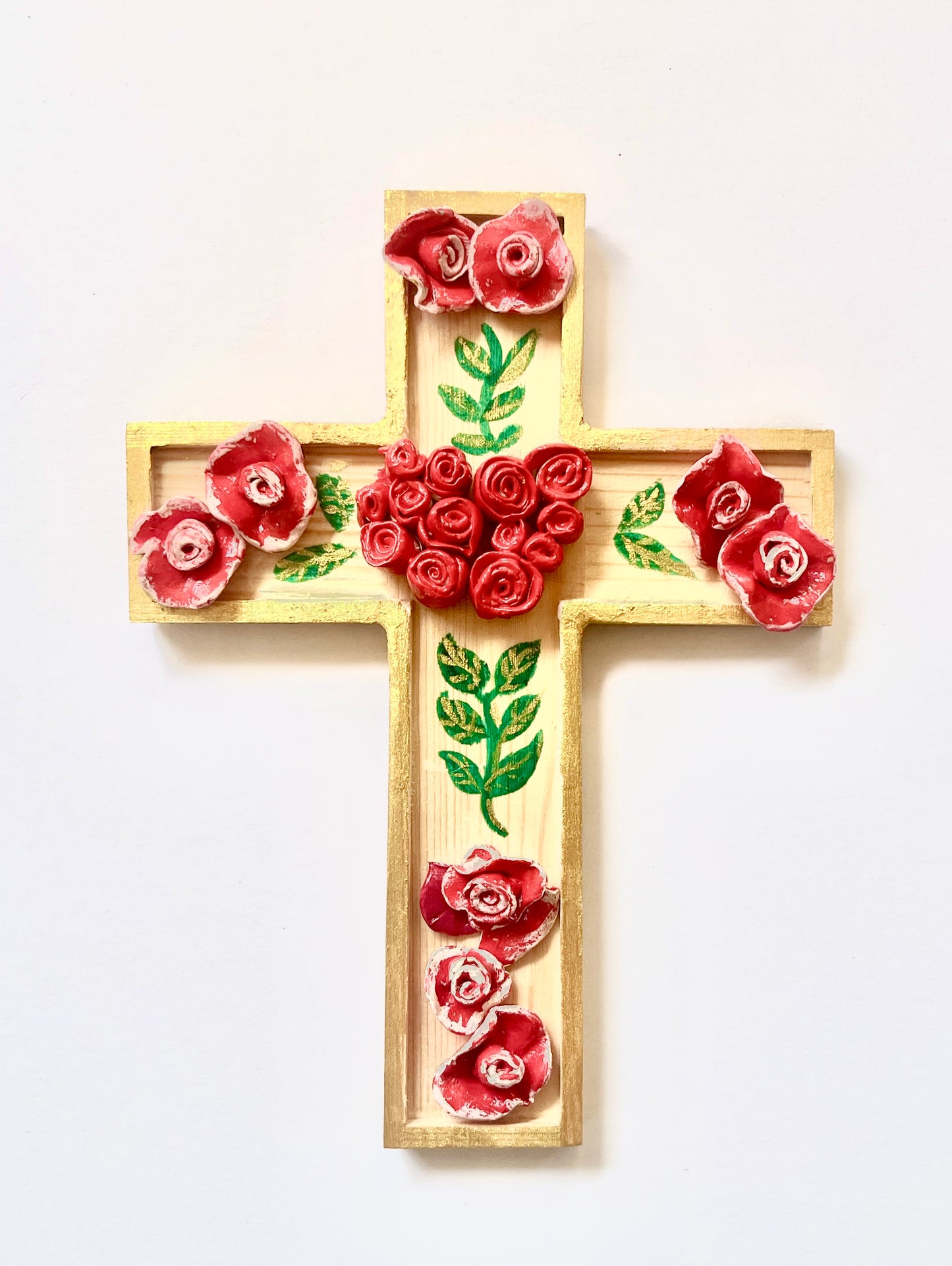 Handcrafted wooden Catholic cross with clay rose and leaf accents, religious Christian gift by Susan W Perez