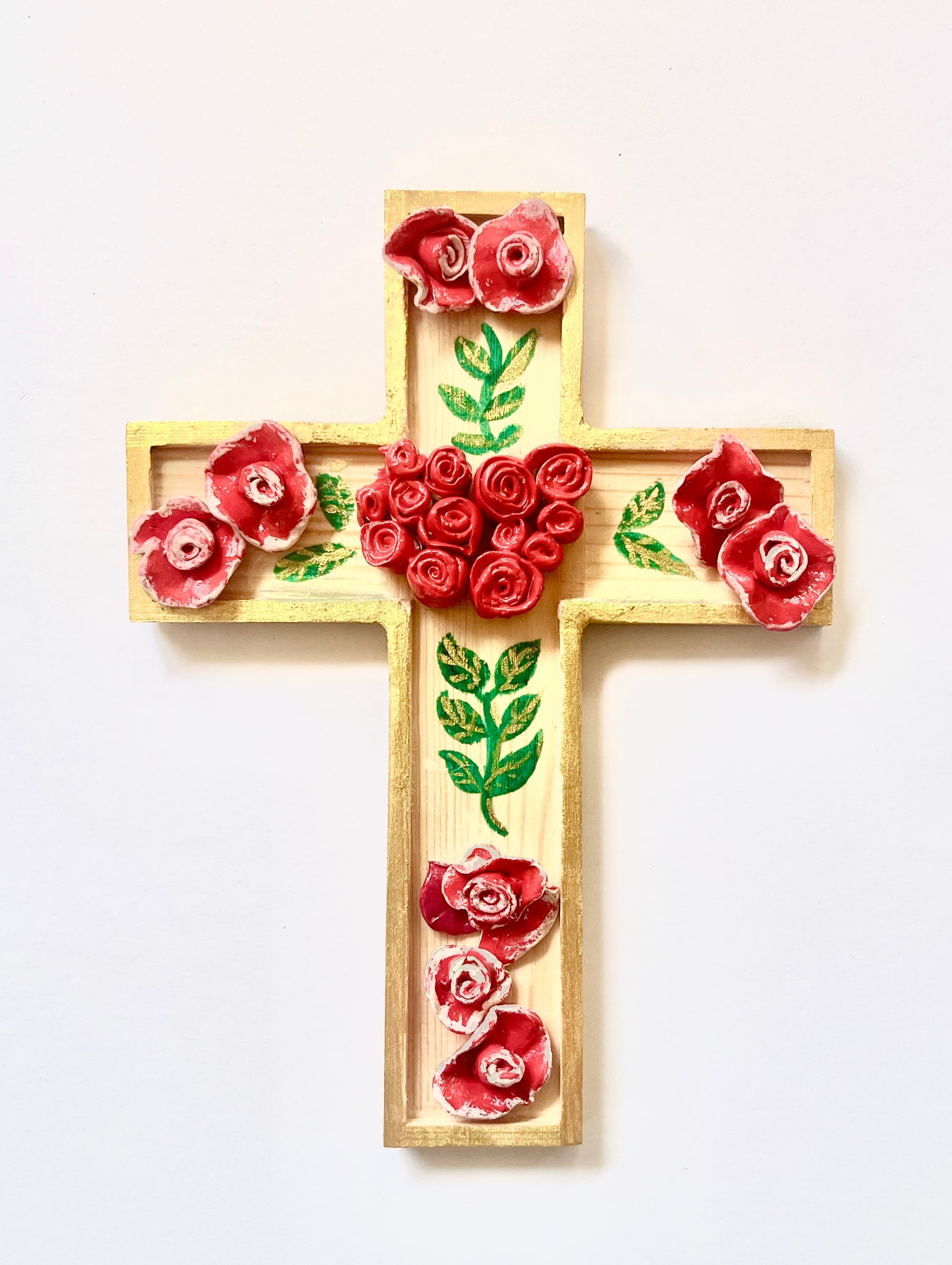 Handcrafted wooden Catholic cross with clay rose and leaf accents, religious Christian gift by Susan W Perez