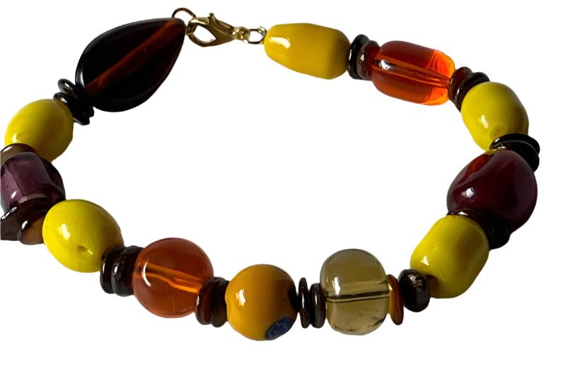 Round Barrel Beads and Brown Shell Spacer Bracelet with Gold Lobster Clasp, 8-Inch