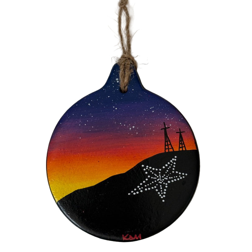 Round Ceramic Ornament – El Paso Sunset Star on Franklin Mountain (3.5" x 3.5") - Ysleta Mission Gift Shop