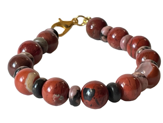 Rust & Beige Agate Stone Bracelet – 6” Boho Chic with Gold Clasp