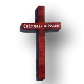 Rustic wooden Catholic cross with calmness and peace symbols, crafted by Miguel Martinez, ideal for Christian gifts and home decor.