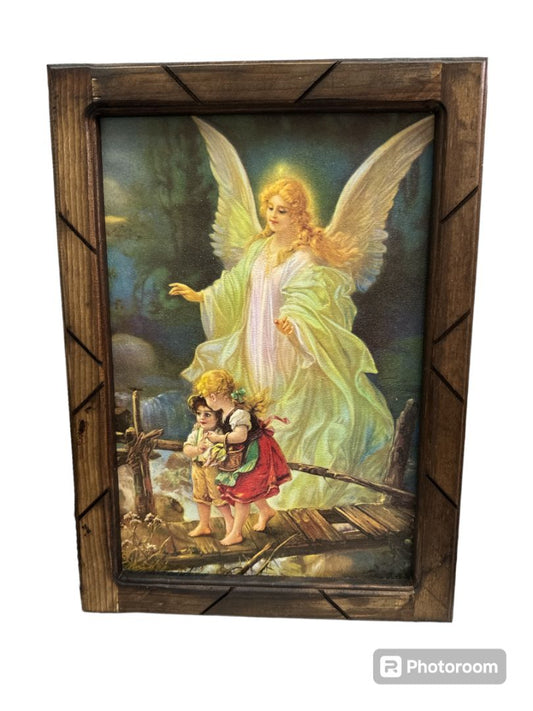 Guardian Angel Religious Print with Wood Frame – Small Inspirational Wall Accent 13 x 17.5 Inches