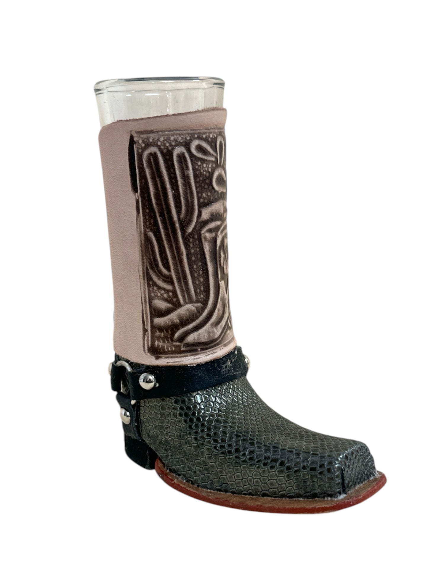 Handcrafted real leather boot shot glass with removable glass insert, 6-inch size, in various styles for home and bar use.