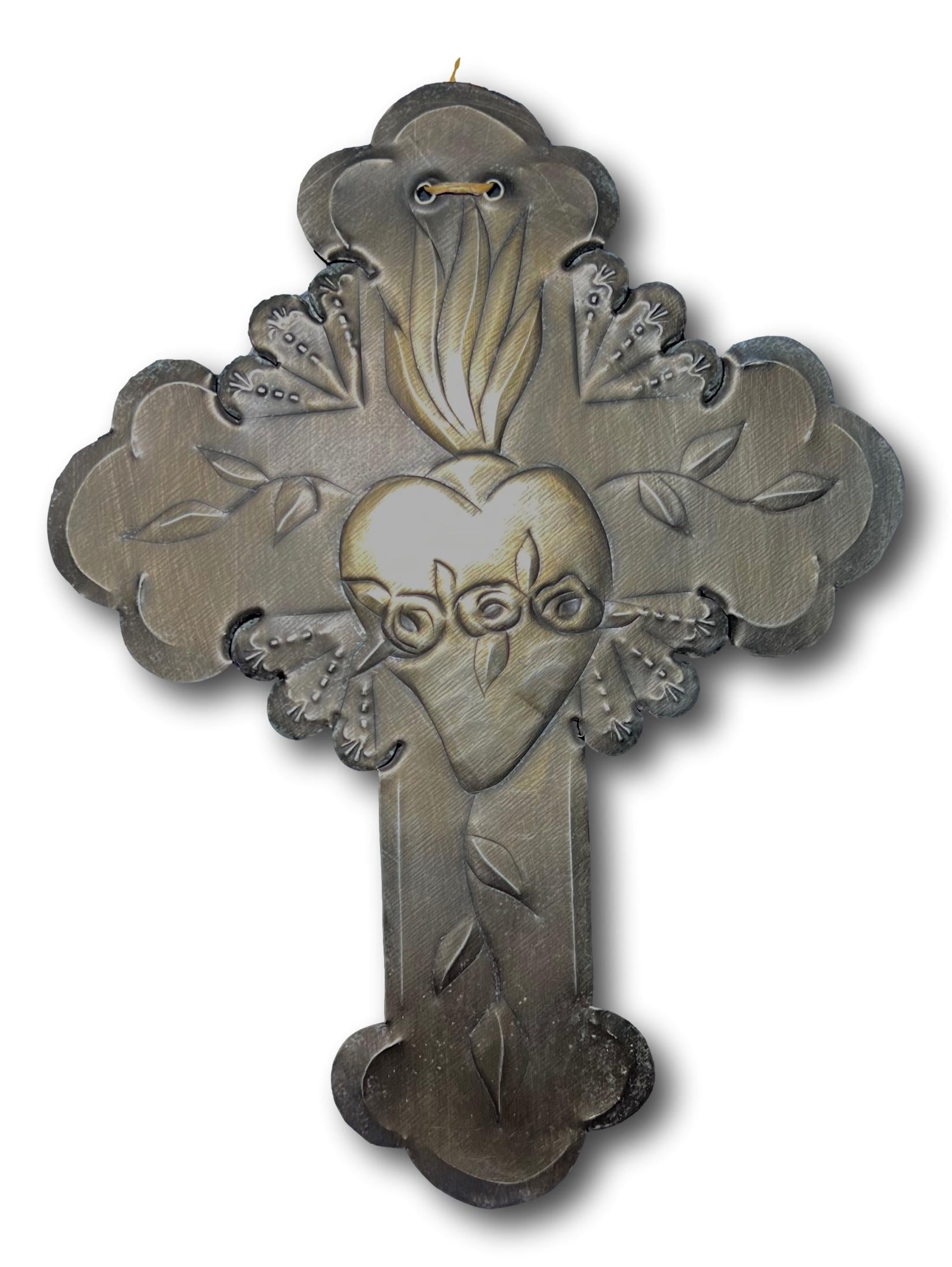 Sacred Heart of Jesus Repujado Tin Cross by Jerry Montoya – New Mexico Santero Artist,  Wall Art, 9" x 7"