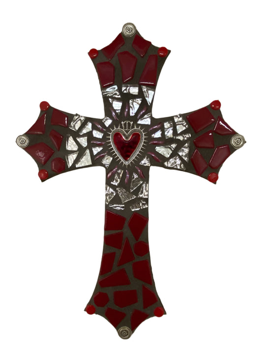 Sacred Heart Mosaic Cross on Wood – Red & Silver 10" x 7"
