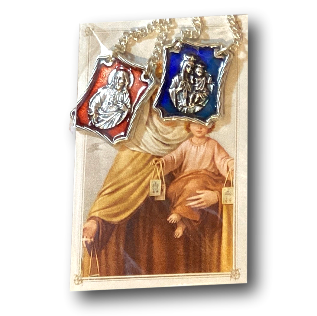 Silver Sacred Heart and Mount Carmel Catholic scapular set with prayer card, Christian gift featuring religious symbols and detailed metalwork.