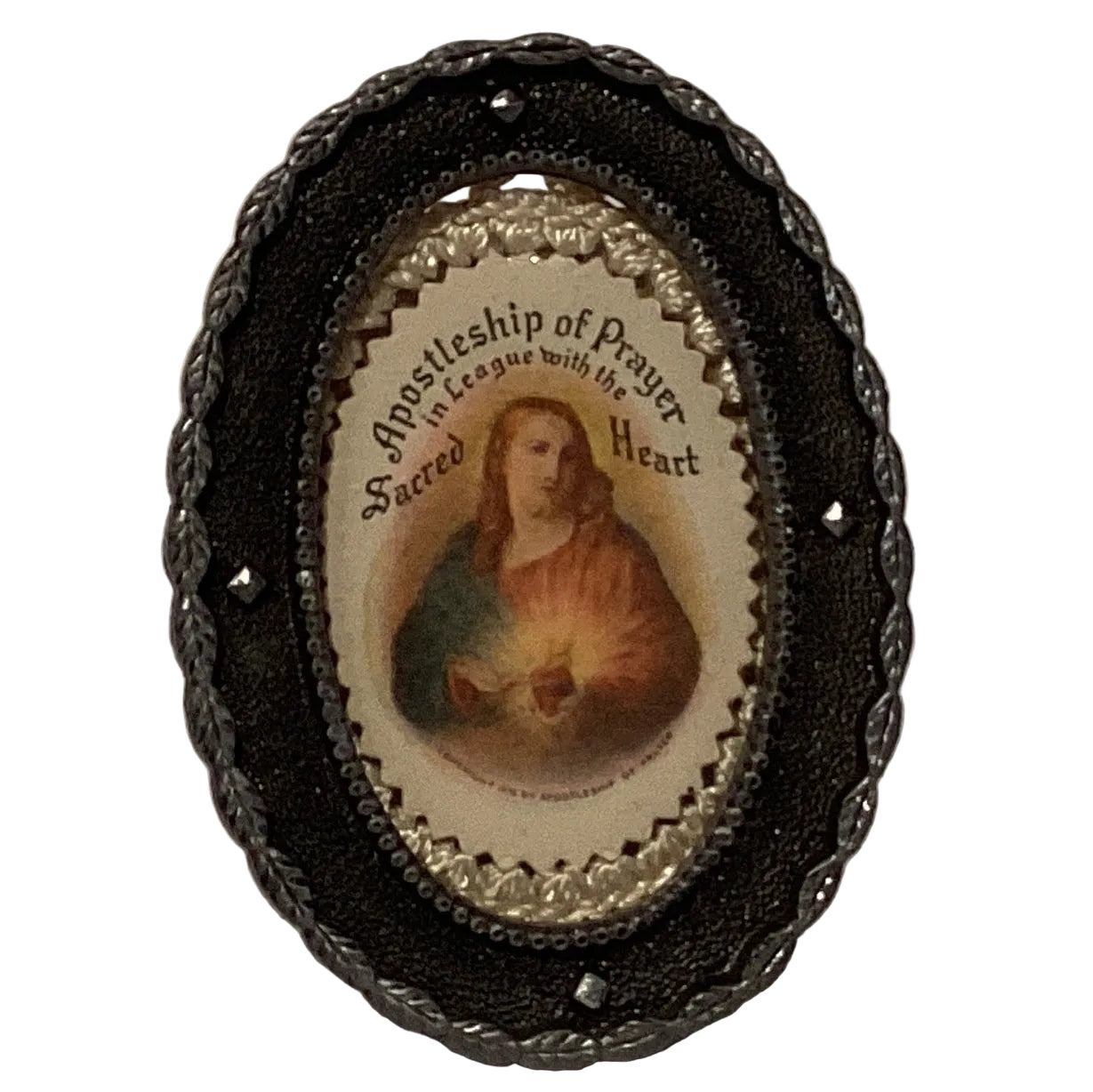 Sacred Heart of Jesus devotional image in embossed metal frame, Catholic Christian gift, 3-inch decorative plaque.