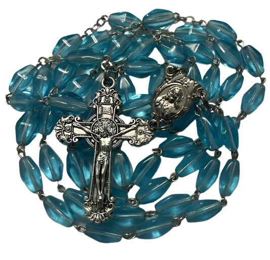 Sacred Heart of Jesus Rosary with Baby Blue Glass Beads & Silver Flowering Crucifix - Inspiring and Serene