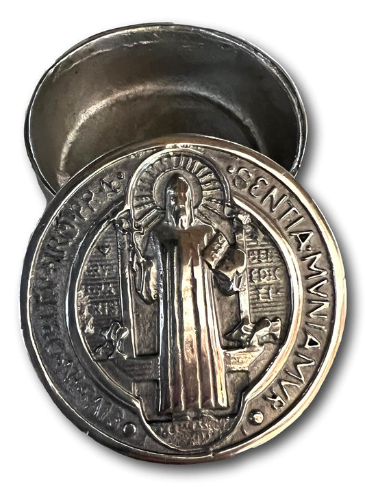 Saint Benedict Rosary Keeper – Pewter Box with Lid, 3" x 1.5"