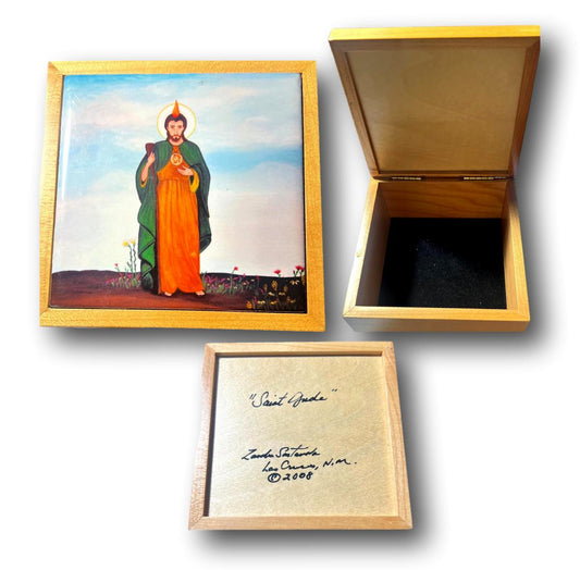 Saint Jude Wood Lidded Box – Handpainted Tile Top with Lined Interior (2008)