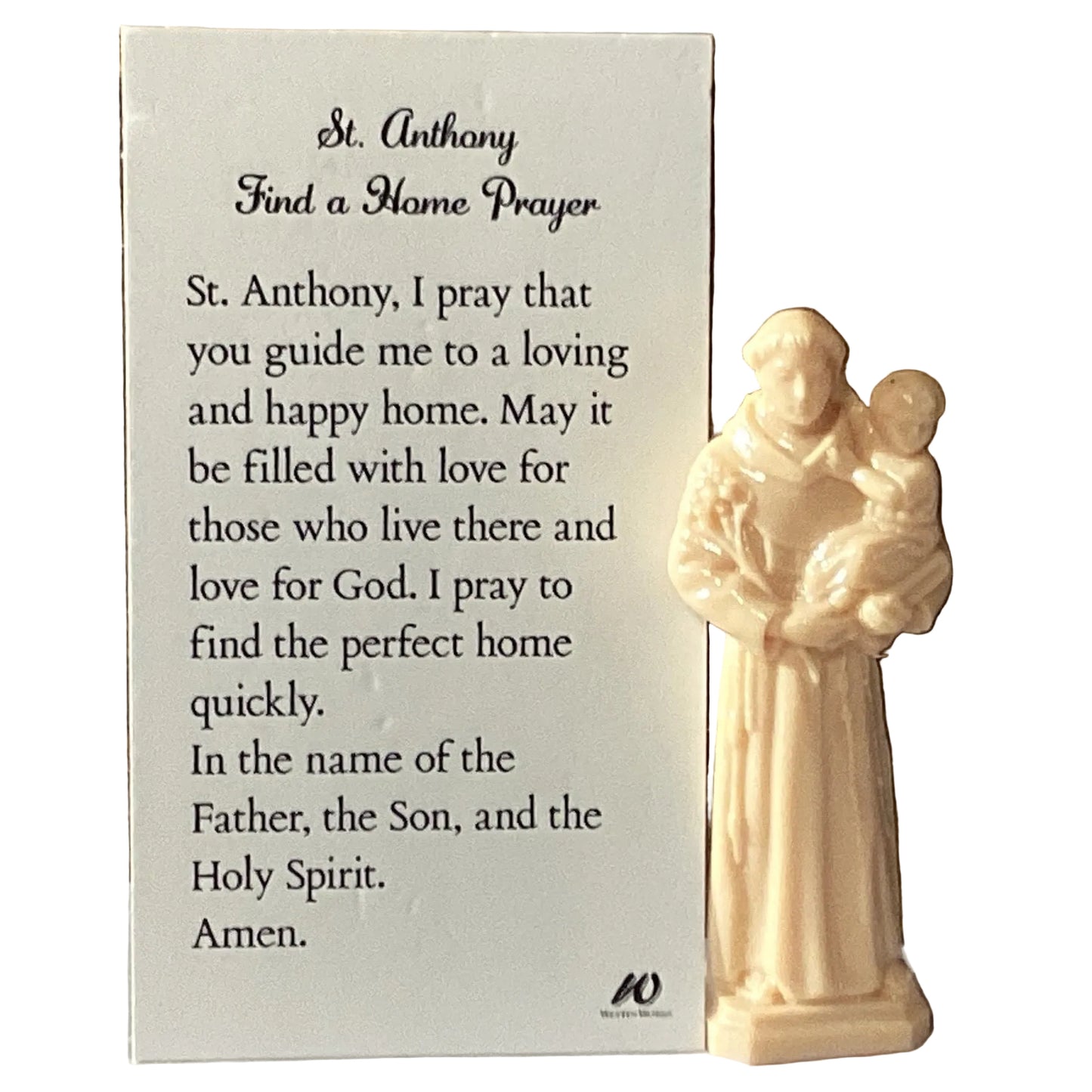 Saint Anthony 3-inch Catholic figurine with prayer card, depicting Saint Anthony holding a child and a lily, ideal for Christian devotion.
