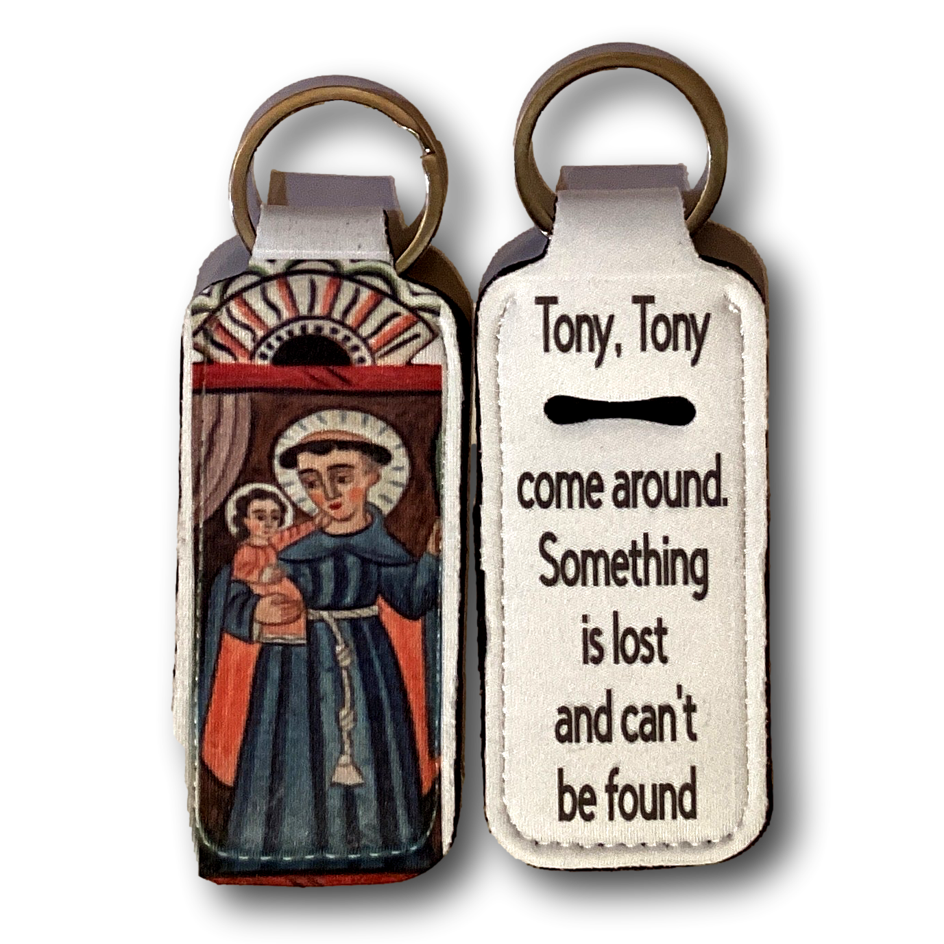 Saint Anthony neoprene lip balm and lip gloss holder keychain patron saint of lost items