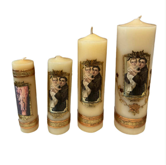 Saint Anthony of Padua Devotional Candle – Natural Beeswax/Soy Wax with Ornate Gold Accents