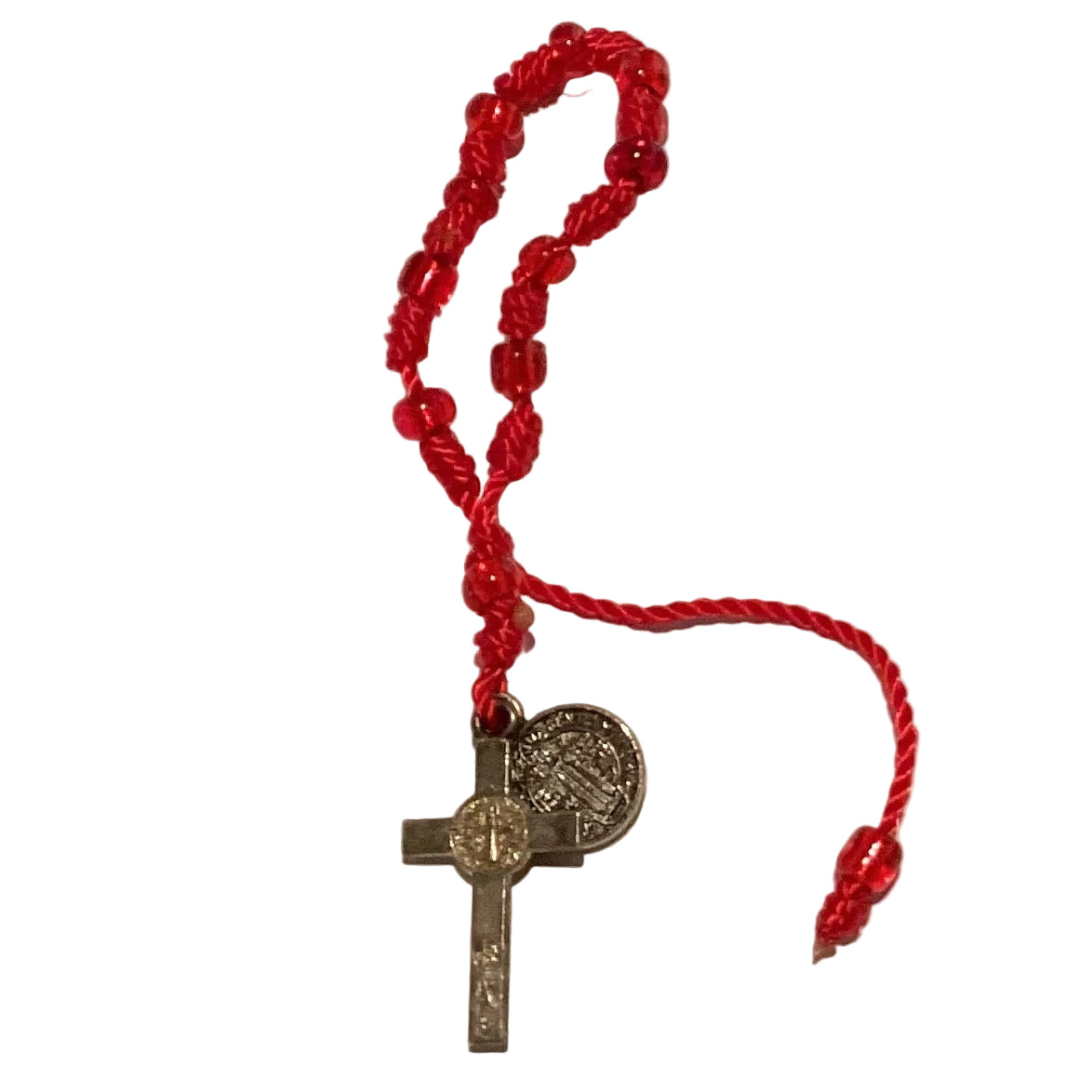 Red cord Catholic faith bracelet with Saint Benedict medal and crucifix, adjustable knotted design, Christian jewelry accessory.