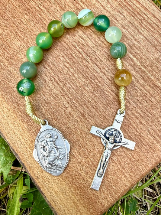 Saint Christopher green agate and tiger’s eye pocket rosary with one decade, featuring Catholic Christian prayer beads.