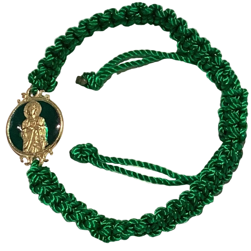 Saint Jude San Judas adjustable knotted thread faith bracelet featuring a devotional medallion, Catholic Christian jewelry accessory.