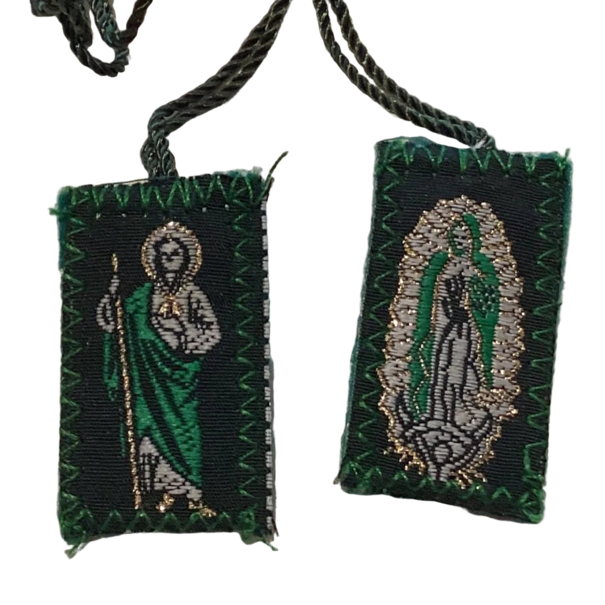 Saint Jude and Our Lady of Guadalupe green Catholic scapular 1.25 x .75 inch devotional