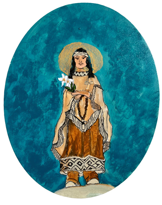 Saint Kateri Tekakwitha – 8x10 Oval Portrait in Acrylic on Canvas with Black Wood Stand