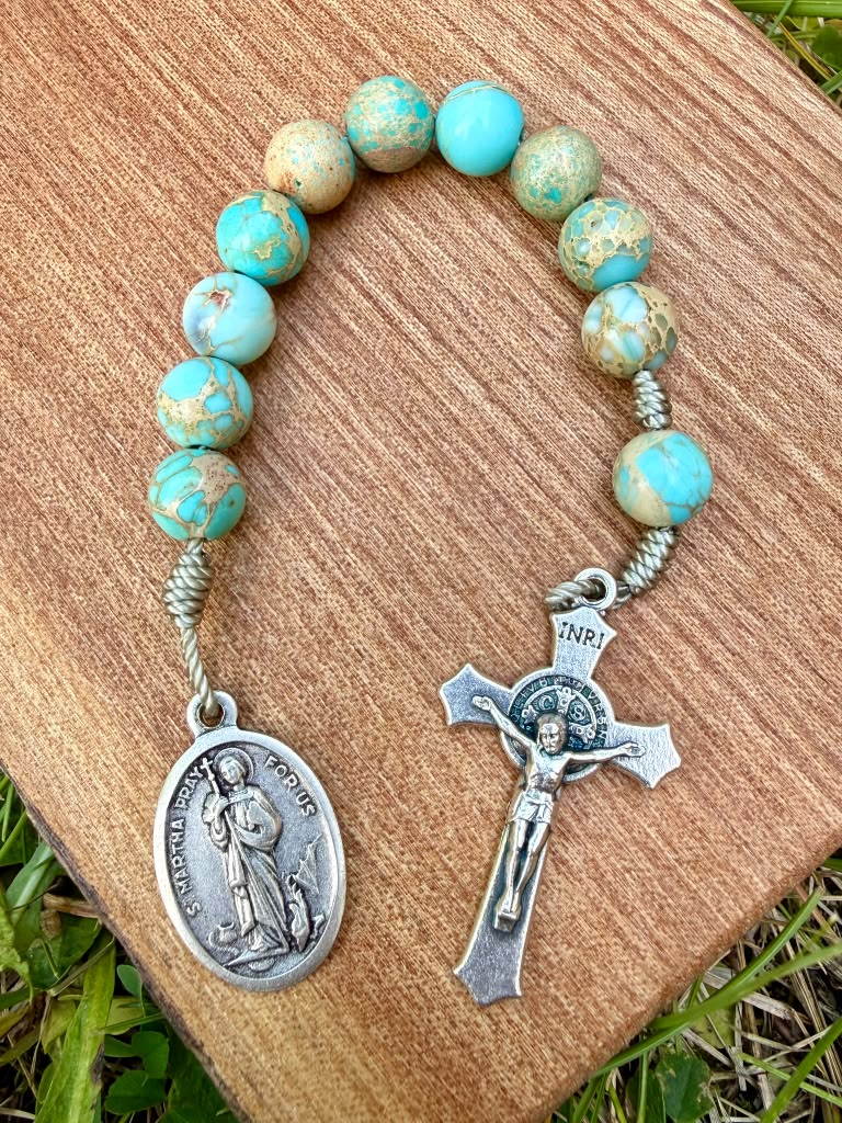 Saint Martha Imperial Jasper Catholic pocket rosary with one decade, featuring polished jasper beads and a religious medallion.