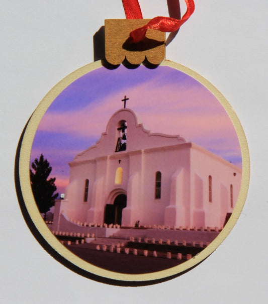 Ornament San Elizario Chapel Pink, Wood Round 3.77" X 4.29" - Ysleta Mission Gift Shop