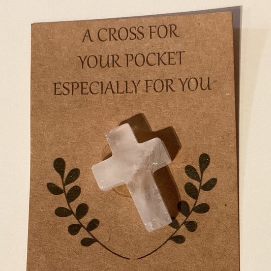 Semi-precious stone pocket cross from Ysleta Mission Gift Shop, 1-inch Catholic Christian gift with a detailed cross design.