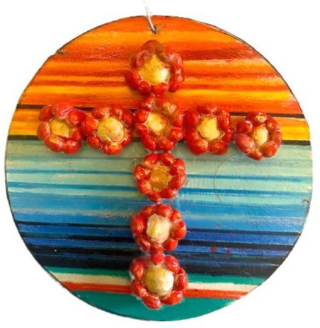 Flower Cross Ornament with Serape – Unique Floral Bas Relief Cross with Vibrant Serape Background