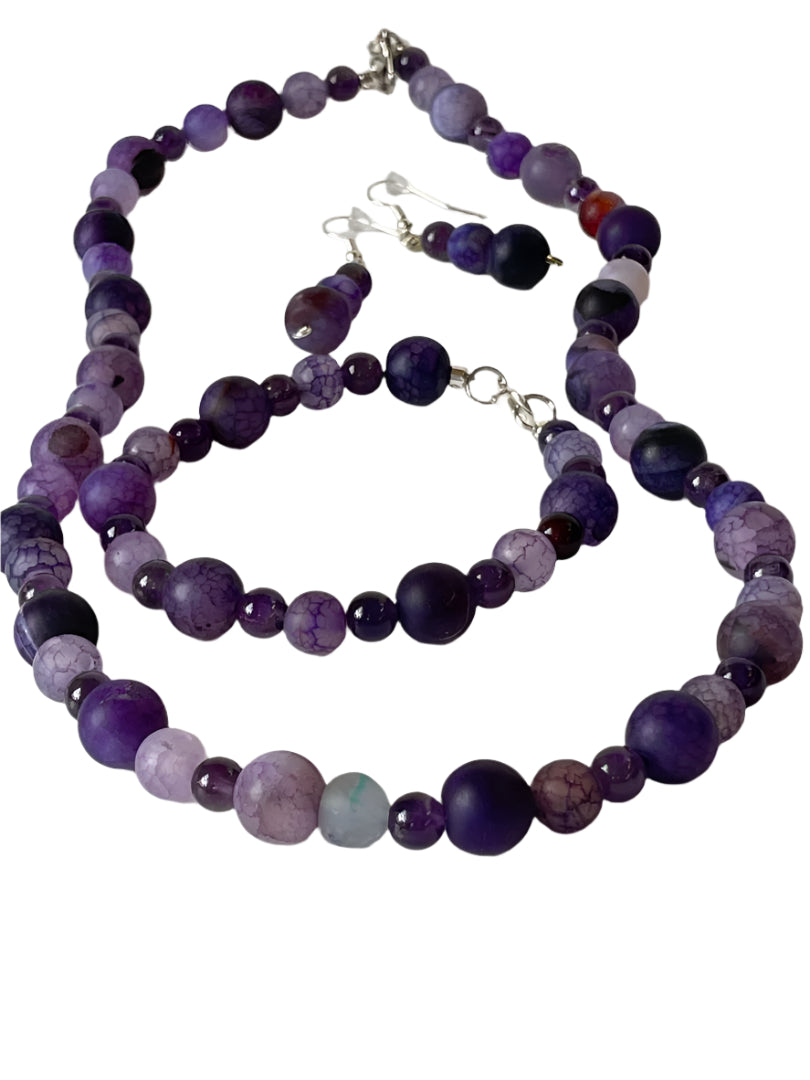 Purple Amethyst & Quartz Gemstone Jewelry Set – Necklace, Bracelet & Earrings