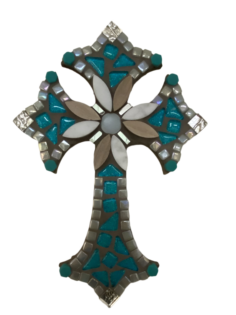 Silver & Turquoise Mosaic Cross on Wood – 10" x 7"