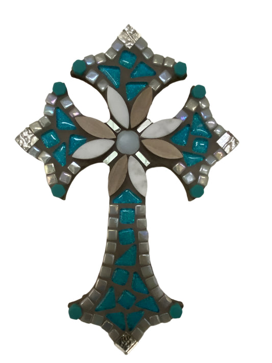 Silver & Turquoise Mosaic Cross on Wood – 10" x 7"