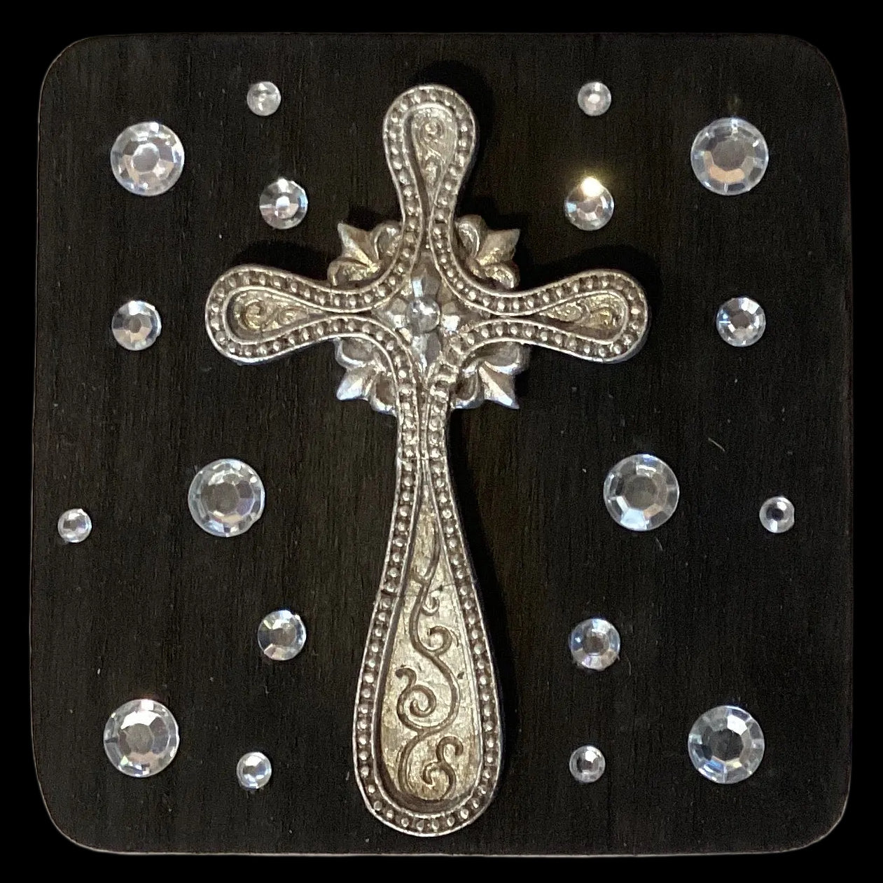 Silver rhinestone cross black lacquer wood base Christian decor 4x4