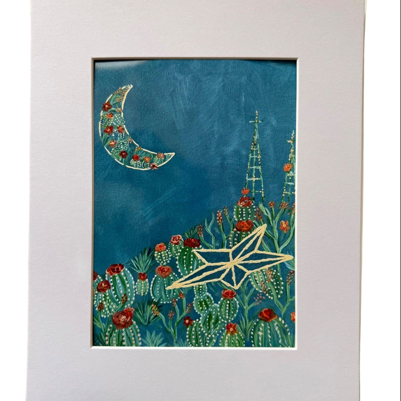 Southwest Desert Moon & Star Art Photo | 5×7 Matted to 8×10 | El Paso Star Under Turquoise Sky