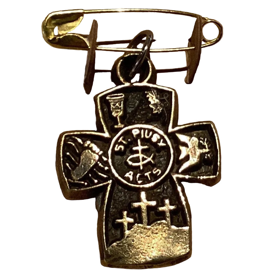 Saint Pius ACTS brass faith pendant, 1.25-inch Catholic Christian jewelry keepsake with detailed 3D design.
