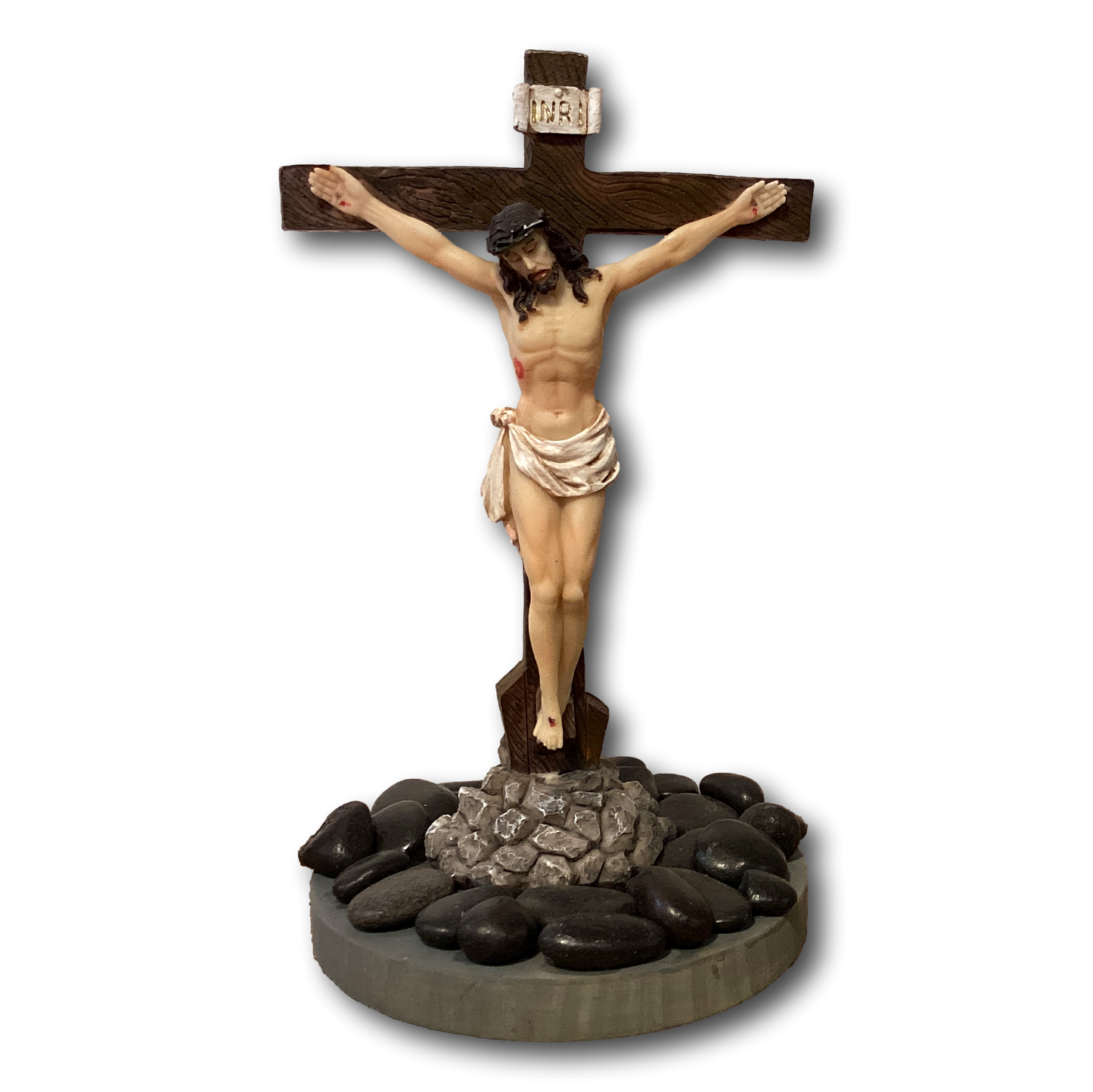 9-inch standing resin Catholic crucifix statue with cross, ideal for tabletop Christian and religious gift displays.