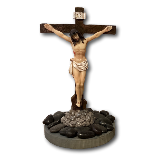 9-inch standing resin Catholic crucifix statue with cross, ideal for tabletop Christian and religious gift displays.