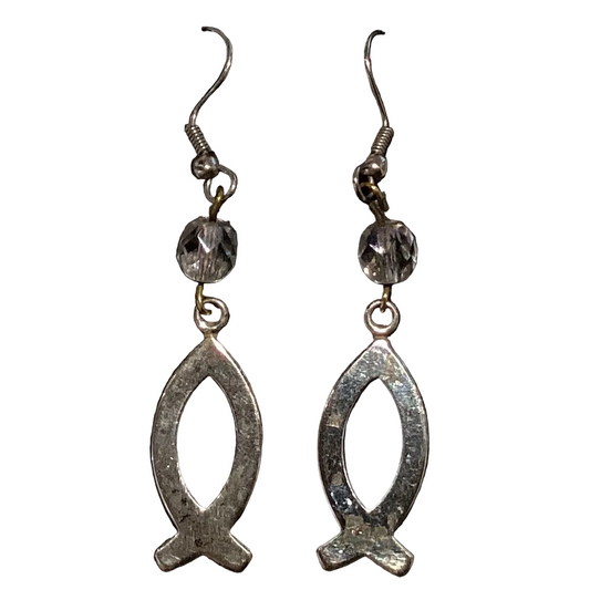 Sterling silver Christian fish Ichthys dangle earrings, 2.5 inches long, featuring faith-inspired jewelry design.