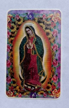 Vinyl matte removable 3x2-inch Virgen Guadalupe sticker, Catholic devotional gift with religious imagery on a white background.