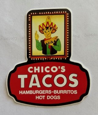 Glossy 3x3-inch vinyl Chicos sign sticker featuring vibrant night scene, ideal for souvenirs and decorative purposes.