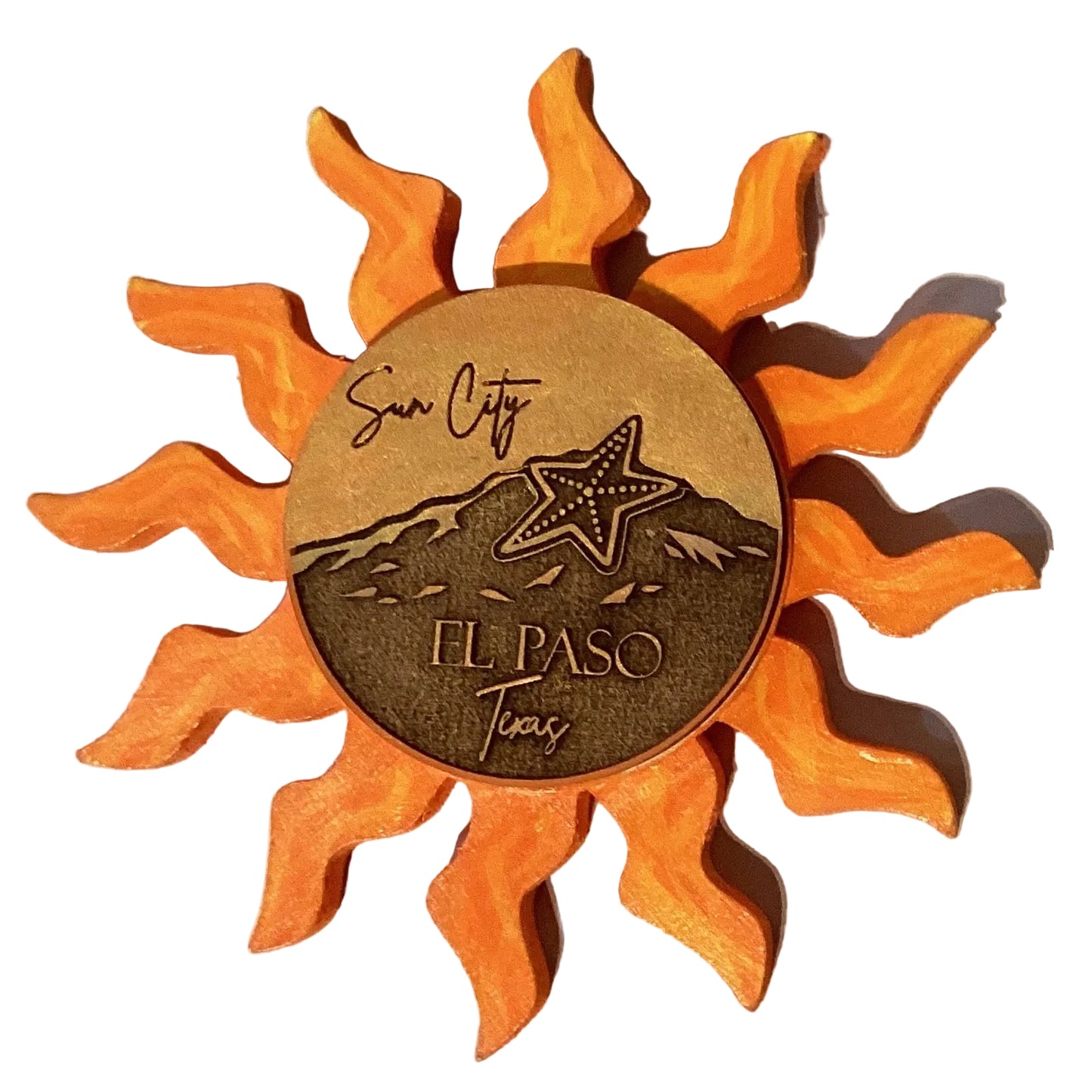 El Paso Sun City Star Mountain 6-inch wall decor featuring vibrant colors and mountain design, from Ysleta Mission Gift Shop.