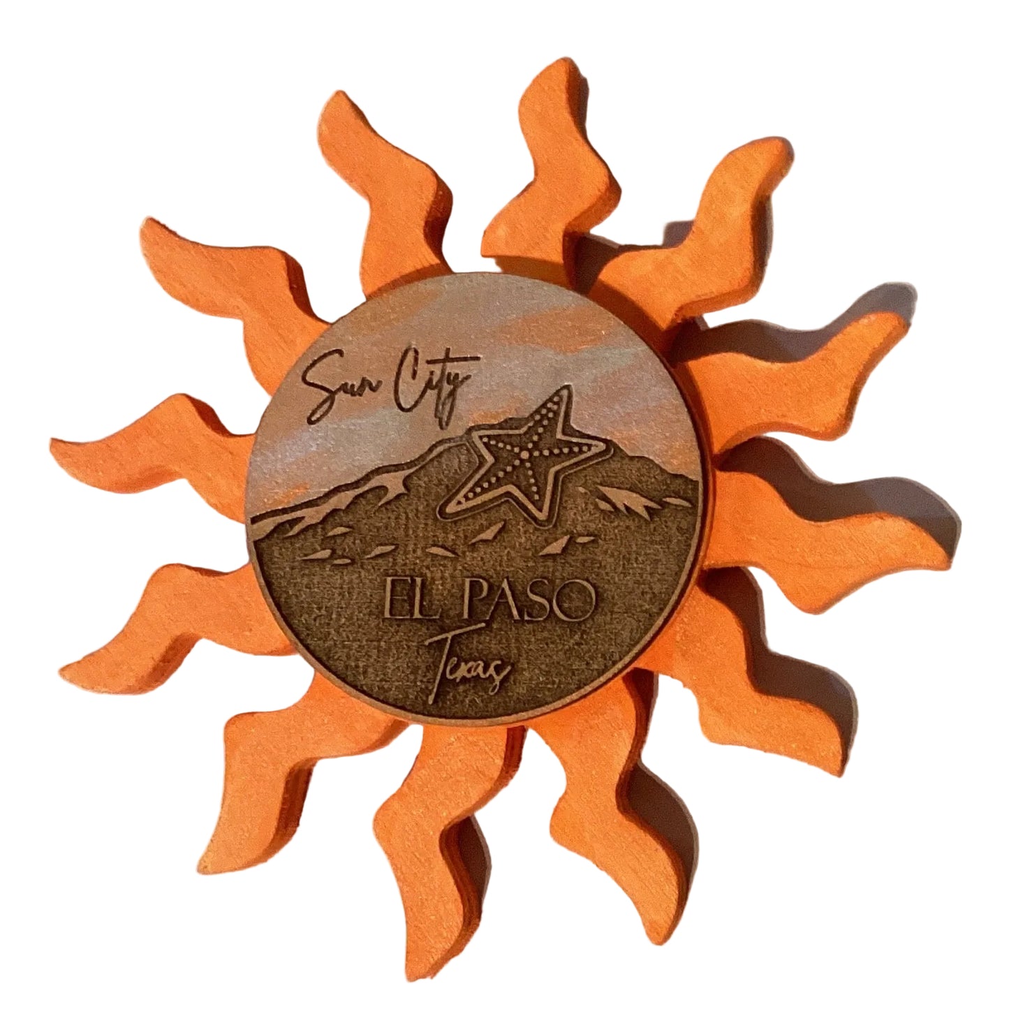 Sun City El Paso Star Mountain 6-inch wall decor ornament featuring a colorful star and mountain scene, from Ysleta Mission Gift Shop.
