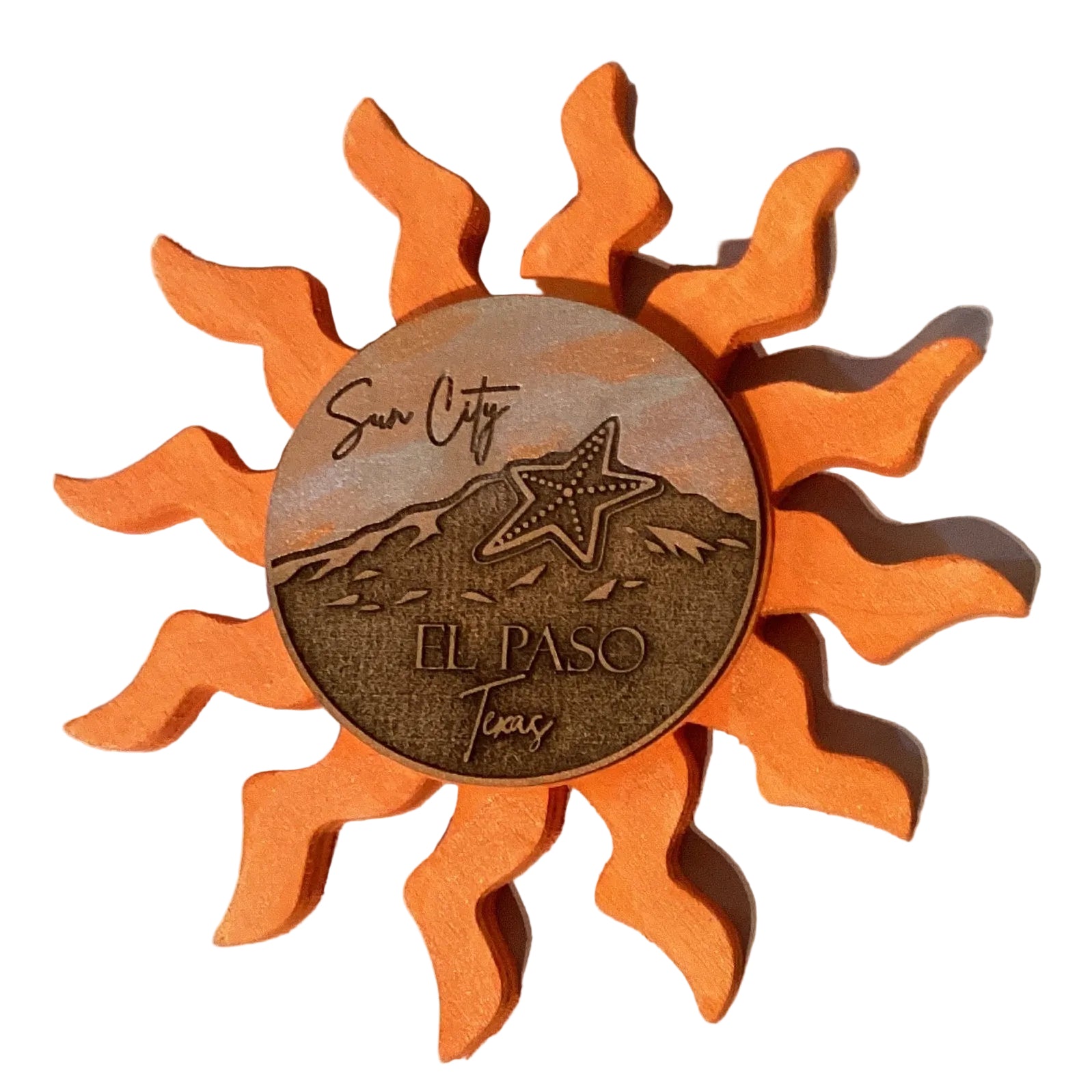 Sun City El Paso Star Mountain 6-inch wall decor ornament featuring a colorful star and mountain scene, from Ysleta Mission Gift Shop.