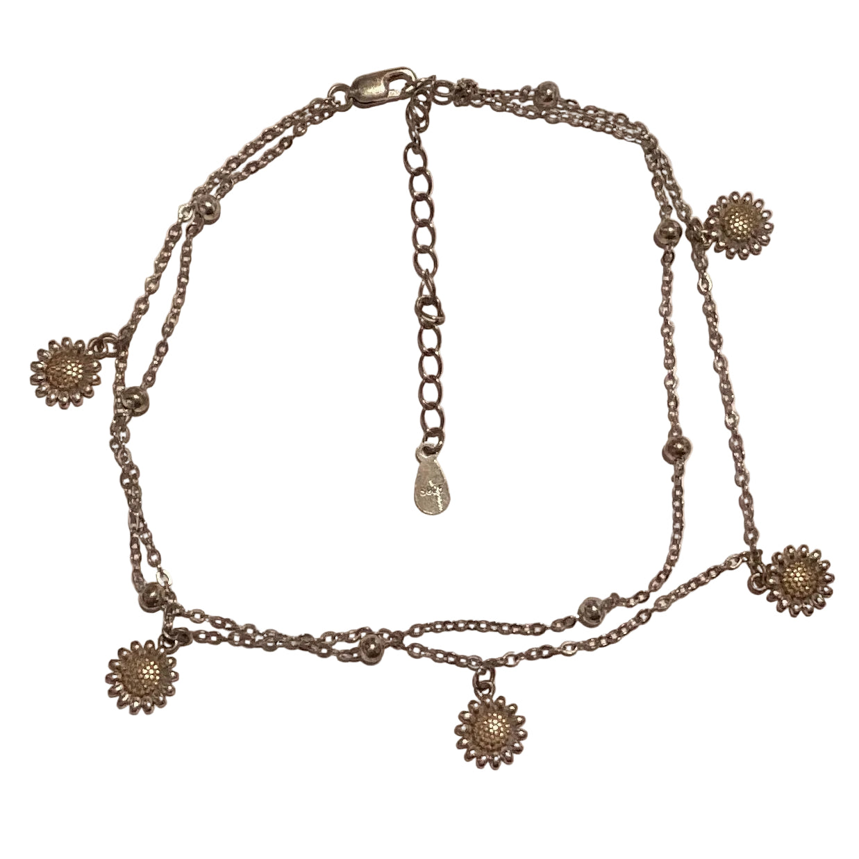 Sterling silver sunflower double-strand anklet, 11-inch length, jewelry and accessories, handcrafted by Ysleta Mission Gift Shop.